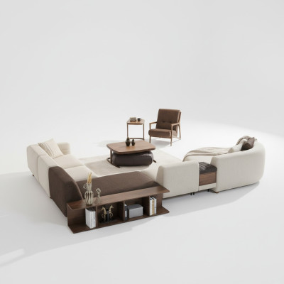 Living room set corner sofa U-shape new armchair luxury wood coffee table stool