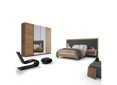 Bedroom set 3-piece double bed modern 2x bedside tables wood design complete