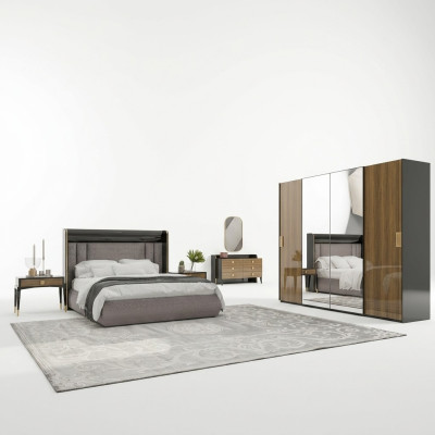 Luxury 6-piece set double bed bedroom dresser with mirror 2x nightstands