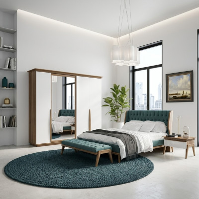 Complete bedroom bed 2x nightstands modern wardrobe bench new