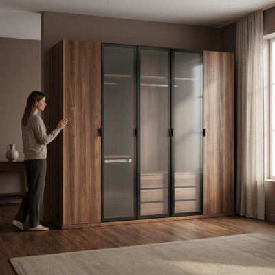 Wood Brown Wardrobe Bedroom Modern Design Furniture Cabinet