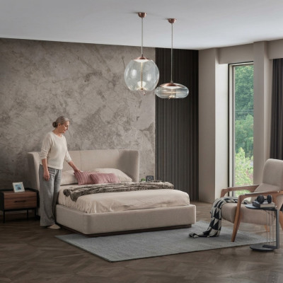 Modern beige double bed bedroom set 2x nightstands luxury new furniture