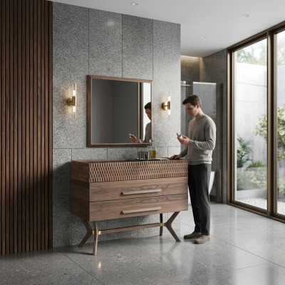 Luxury dresser with mirror, modern bedroom style, wooden cabinet design