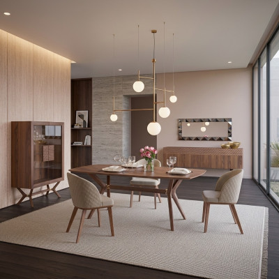 Modern design dining room complete set: dining table, 4 chairs, luxury sideboard, new display cabinet.