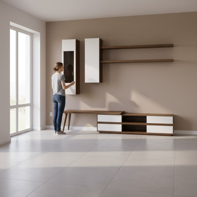 Wall unit set 5-piece wooden furniture TV stand + coffee table modern 2x wall shelves