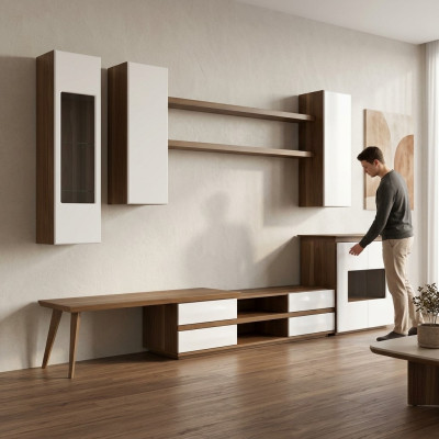 Living Room Complete Set 7-piece TV Stand + Coffee Table Wood Furniture Modern Display Cabinet
