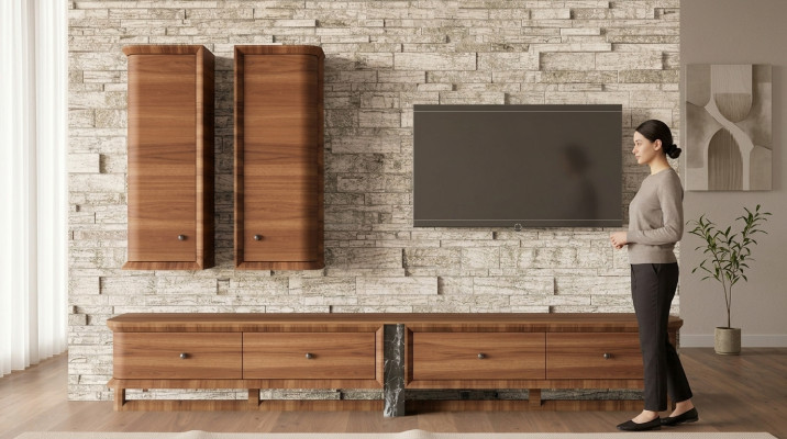 Complete wall unit living room TV stand 2x wall cabinet wooden furniture