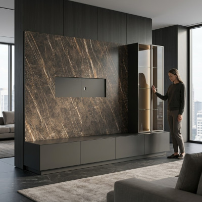 Designer wall unit, 6-piece luxury wooden furniture, living room furniture, gray, modern