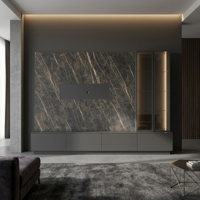 Designer wall unit, 6-piece luxury wooden furniture, living room furniture, gray, modern