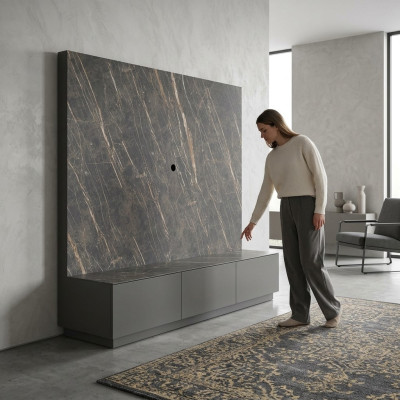 Modern gray luxury wall unit wooden furniture designer living room furniture arrangement