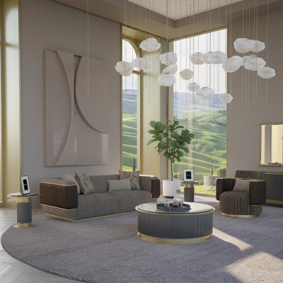 Upholstered Textile Sofa Set 2 pcs Living Room Three-Seater Sofa Couch Modern Armchair