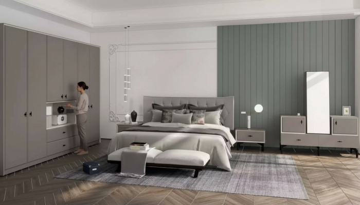 Gray Bedroom Set Designer Bed Dresser Wardrobe Luxury 5-piece