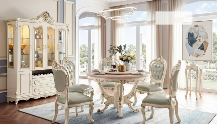 Perlwhite Dining Room Set Dining Table 6x Chairs Display Cabinet 8-piece Luxury Set