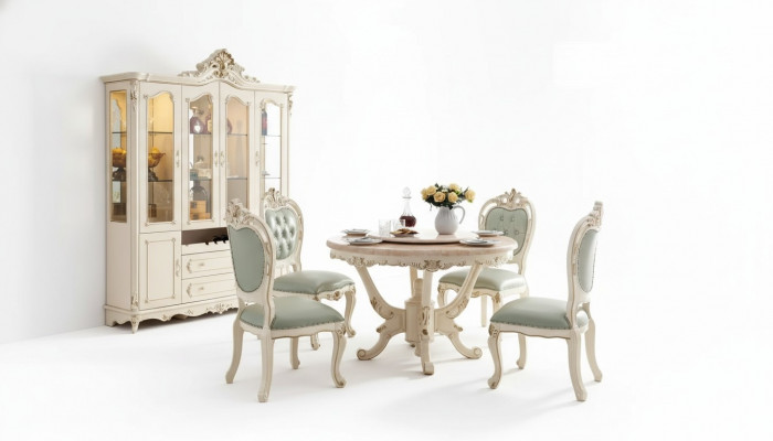 Perlwhite Dining Room Set Dining Table 6x Chairs Display Cabinet 8-piece Luxury Set