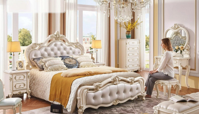 Bedroom set: bed, 2x nightstands, dressing table, stool, dresser, 6-piece luxury.