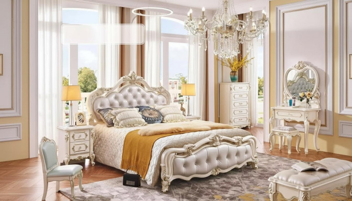 Bedroom set: bed, 2x nightstands, dressing table, stool, dresser, 6-piece luxury.