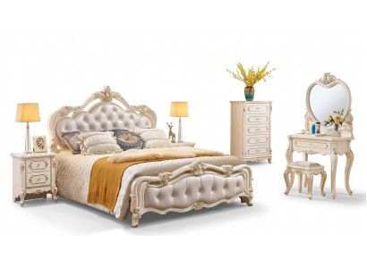 Bedroom set: bed, 2x nightstands, dressing table, stool, dresser, 6-piece luxury.