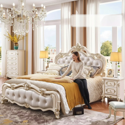 Bedroom set Chesterfield bed + 2x wooden nightstands luxury 3-piece interior