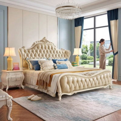 Classic bedroom set, Chesterfield bed, 2x bedside tables, solid wood, 3-piece set