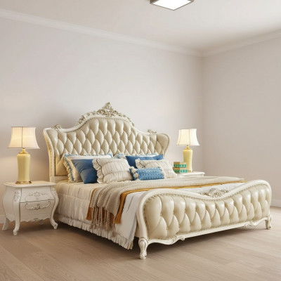 Classic bedroom set, Chesterfield bed, 2x bedside tables, solid wood, 3-piece set