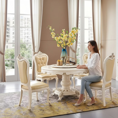 Classic light beige dining room set luxury round dining table and x4 Chesterfield chairs 5-piece suite