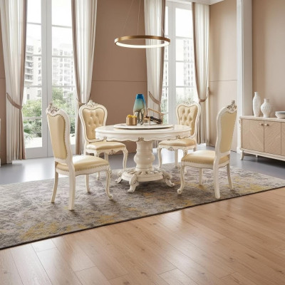 Classic light beige dining room set luxury round dining table and x4 Chesterfield chairs 5-piece suite