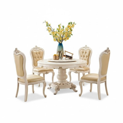 Classic light beige dining room set luxury round dining table and x4 Chesterfield chairs 5-piece suite