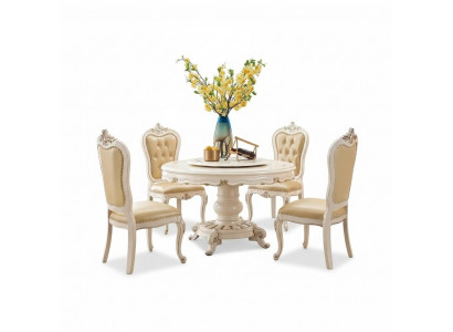Classic light beige dining room set luxury round dining table and x4 Chesterfield chairs 5-piece suite