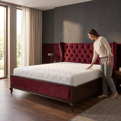 Classic Chesterfield Style Beds Luxury Double Bed Wood Furniture Red Velvet