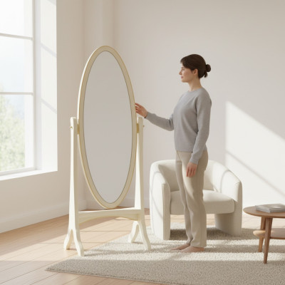 Living room floor mirror, oval wooden frame, white standing mirror, mirror