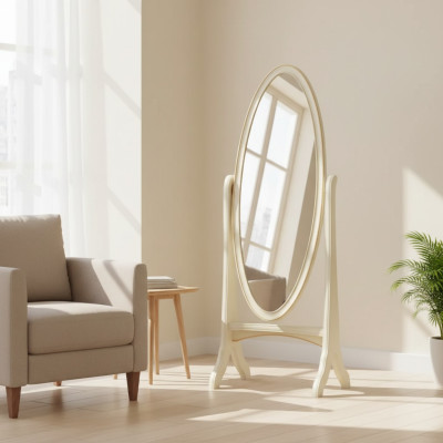 Living room floor mirror, oval wooden frame, white standing mirror, mirror