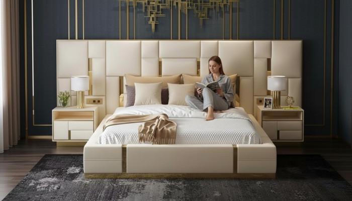 Complete bedroom furniture set 3-piece. Design furniture nightstands beds