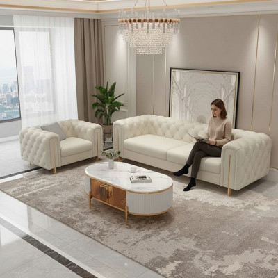 Set of 2 pc Living Room Sofa Set Three-Seater Sofa Modern Armchair Leather