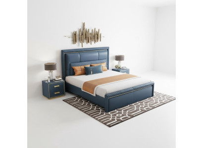 Bedroom set bed 2x nightstands 3-piece design modern luxury blue gold