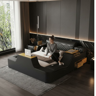 Double luxury leather bed massage cushioned beds modern hotel Bluetooth