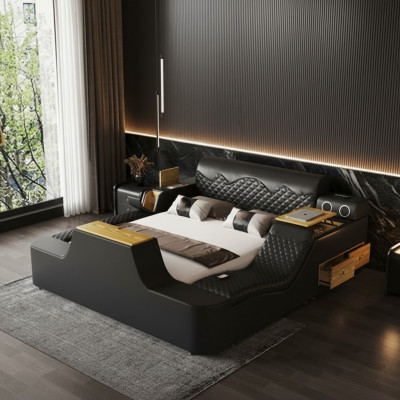 Double luxury leather bed massage cushioned beds modern hotel Bluetooth