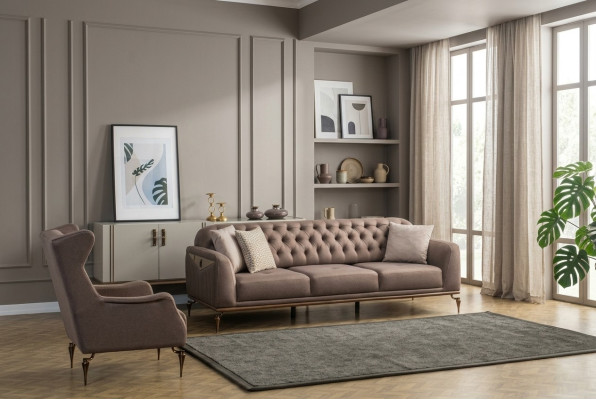Beige Chesterfield Living Room Sofa Set 3+1 Seater Luxury Couch New