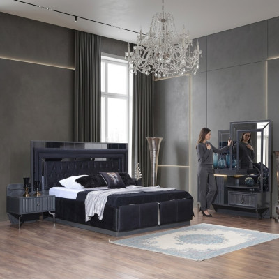 Complete black bedroom set luxury double bed nightstands 4-piece set