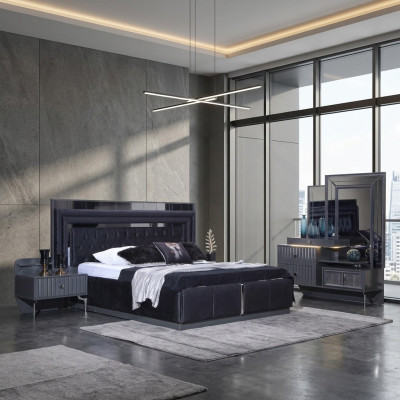 Complete black bedroom set luxury double bed nightstands 4-piece set