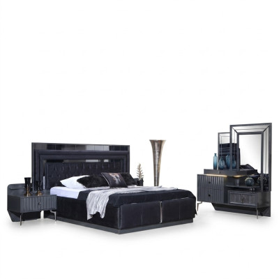 Complete black bedroom set luxury double bed nightstands 4-piece set