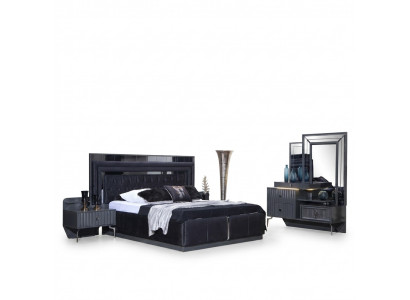 Complete black bedroom set luxury double bed nightstands 4-piece set