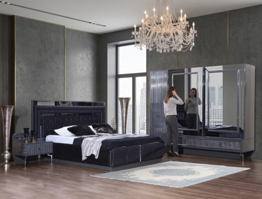 Black bedroom set luxury ensemble bed 2x nightstands wardrobe