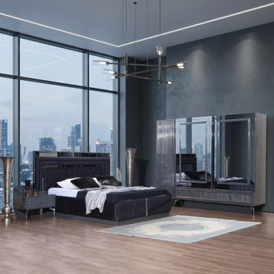 Black bedroom set luxury ensemble bed 2x nightstands wardrobe