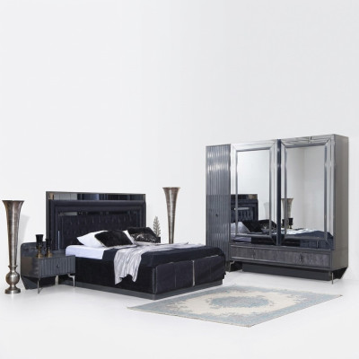 Black bedroom set luxury ensemble bed 2x nightstands wardrobe