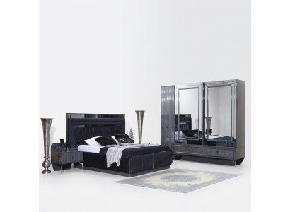 Black bedroom set luxury ensemble bed 2x nightstands wardrobe