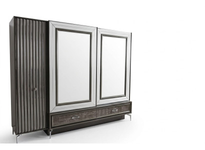 Designer wooden wardrobe with mirrored doors and drawers bedroom