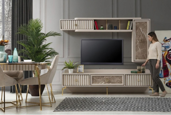 Designer modern living room wall luxury wood shelves living room furniture stylish