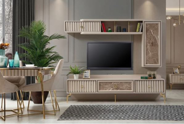 Designer modern living room wall luxury wood shelves living room furniture stylish