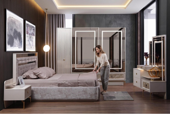 Modern complete bedroom set designer bed 2x bedside tables 5-piece set
