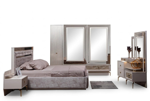 Modern complete bedroom set designer bed 2x bedside tables 5-piece set